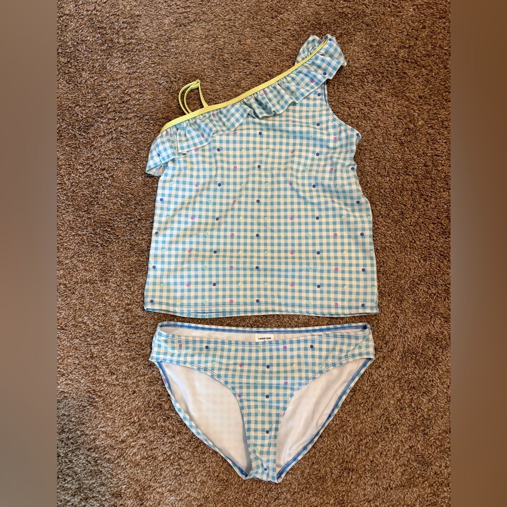 Girl’s Lands’ End Blue and White Gingham Tankini Size 16P